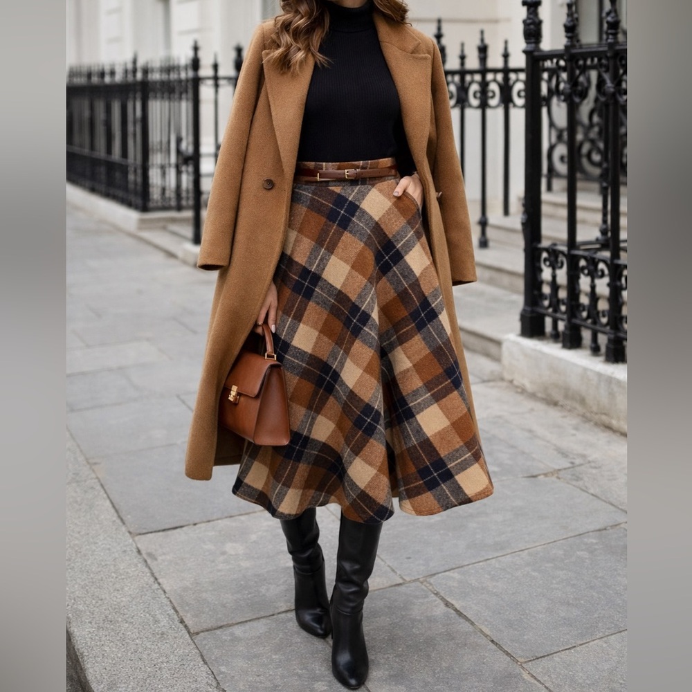 Brown Plaid A-Line Skirt